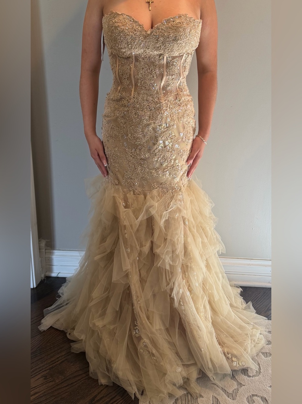 Jovani Champagne Lace Corset Mermaid Gown